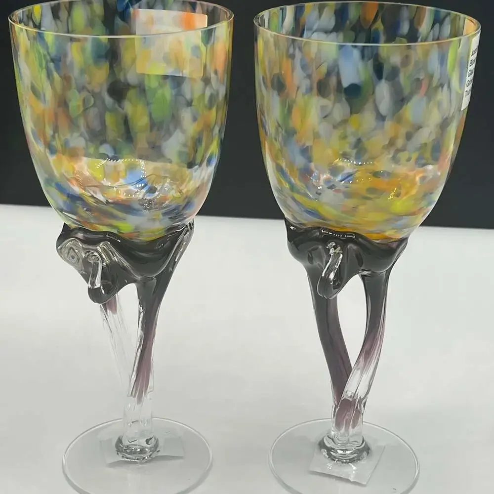 Jozefina Krosno Poland Wine Set of 2 Glass Goblets Multi Color Confetti  9